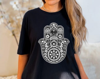 Hamsa T-Shirt | Damen Grafik T-Shirt | Hand der Fatima | Blumenmandala | Böser Blick | Lotus | Zen | Yoga Top | Achtsamkeit | Spiritualität
