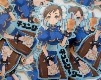 Street Fighter Chun Li with boba and bun vinyl sticker/ magnet