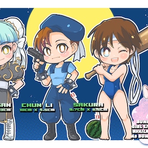 May include: Four colorful cartoon character stickers featuring Morrigan, Chun Li, Sakura, and Bunny Girl Lilith. The stickers are approximately 9.7 inches by 6.5 inches.