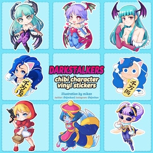 Darkstalkers chibi character vinyl sticker- Morrigan Lilith Felicia B.B.Hood Hsien-ko