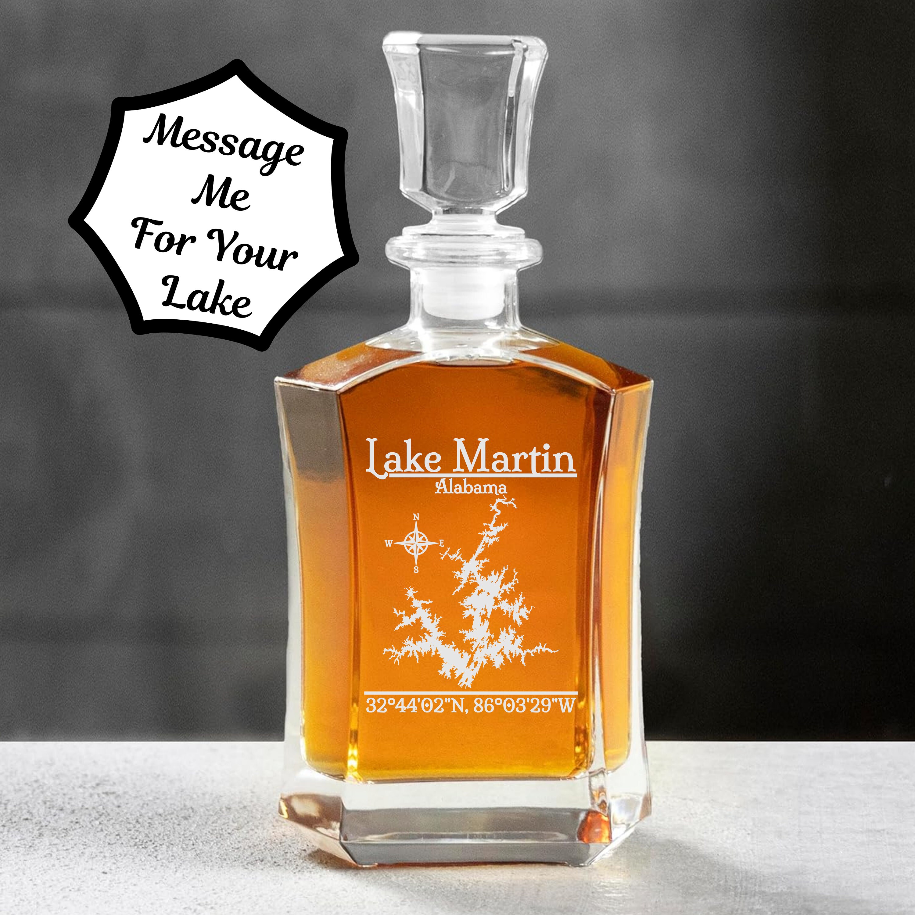 Lake Martin Alabama Whiskey Decanter | Laser Engraved Glass Barware - Etsy