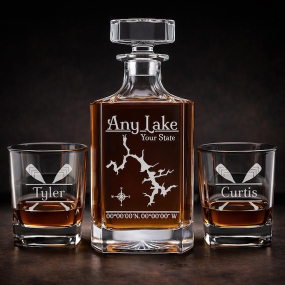 A decanter engraved with YOUR specific lake — outline, name, coordinates — 439 favorites prove people lose their minds for hyper-local personalization like this.