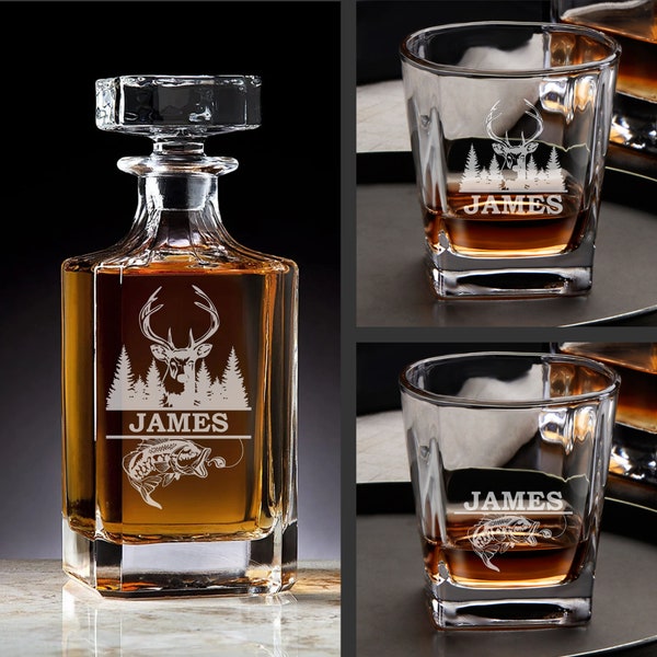 Whiskey Decanter Set | Personalized Barware | Wedding Gift | Hunting & Fishing Decanter and Glasses | Bourbon Lover Gift | Groomsman Gifts