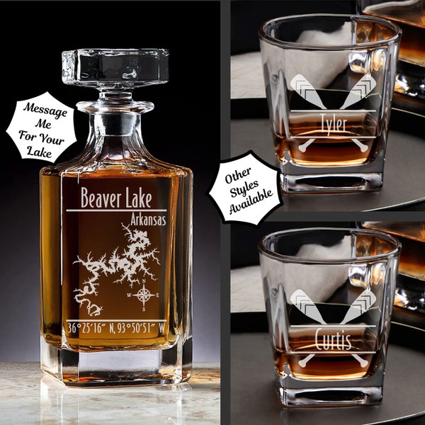 Beaver Lake, Arkansas Vintage Style Laser Engraved Glass Whiskey Decanter with Bottle Stopper | Gift for Men & Gift for Women