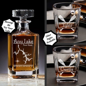 Classic Lake Decanter Set | Personalized Barware | Lake house Gift | Custom Decanter & Glasses | Bourbon Gifts | House warming Gifts