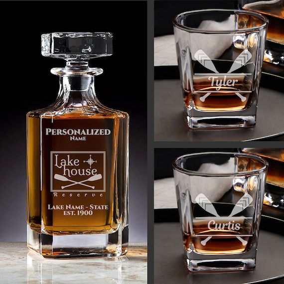 Decanter engraved with an actual map of YOUR lake — a hyper-specific, place-meaningful gift that lake house lovers genuinely can't find elsewhere.