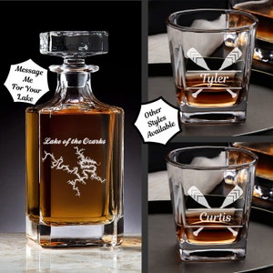 Lake of the Ozarks, Missouri  Vintage Style Laser Engraved Glass Whiskey Decanter with Bottle Stopper | Gift for Men & Gift for Women