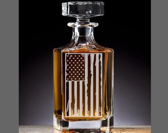 American Flag, USA Vintage Style Laser Engraved Glass Whiskey Decanter with Bottle Stopper | Gift for Men & Gift for Women