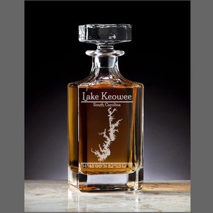 Lake Keowee, South Carolina Vintage Style Laser Engraved Glass Whiskey Decanter with Bottle Stopper | Gift for Men & Gift for Women