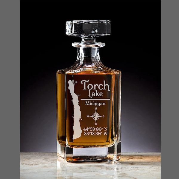 Torch Lake, Michigan Vintage Style Laser Engraved Glass Whiskey Decanter with Bottle Stopper | Gift for Men & Gift for Women