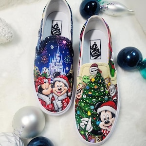 Disney Magical Christmas shoes hand painted Disney shoes Disney Christmas shoes custom Disney shoes Mickey Mouse shoes Disney castle shoes