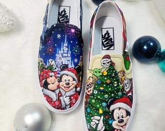 Disney Magical Christmas shoes hand painted Disney shoes Disney Christmas shoes custom Disney shoes Mickey Mouse shoes Disney castle shoes