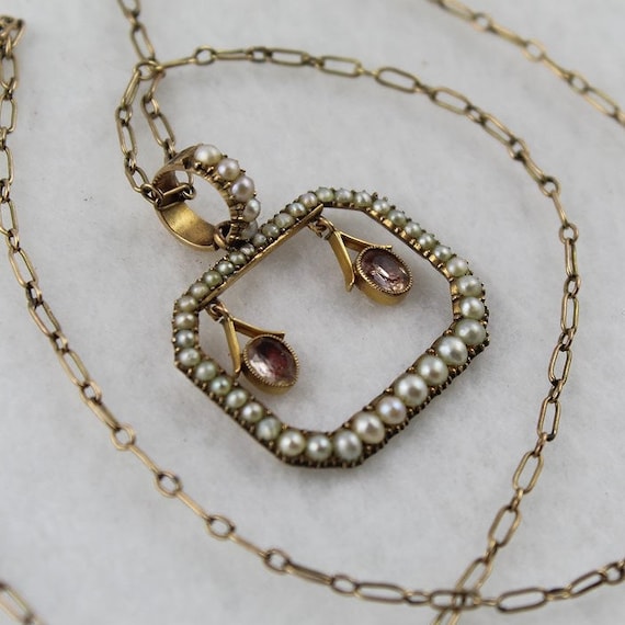 Antique Early Victorian 9K Gold, Pearl, Crystal P… - image 1