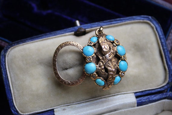 Unusual Antique 1800s 15K Gold, Turquoise, Diamon… - image 2