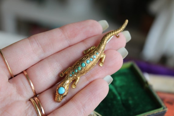 Antique Victorian Turquoise & Gilt Lizard Pin