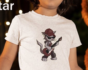Kids' Cat Playing Guitar shirt, cartoon cool cat music tee, graphic funny tshirt gift for musician, fun guitarist trendy best son t-shirt