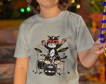 Kids' Cat Playing Drums shirt, cartoon cool cat music tee, graphic funny tshirt gift for musician, fun drummer trendy best boy girl t-shirt