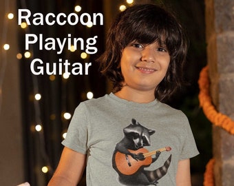 Raccoon playing guitar shirt, kids' cool acoustic music tee, graphic funny tshirt gift musician, fun guitarist best t-shirt son or daughter
