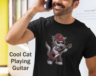 Cartoon Cat playing guitar shirt, mens womens cool music tee, graphic funny tshirt gift for musician, fun guitarist trendy best t-shirt