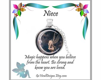 Niece Moon Fairy Necklace, Cute Gift for Girl Who Loves Fairies, Handmade Jewelry, Silver Chain, Pendant, Magical Birthday Christmas Present