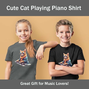 Kids Cool Cat Playing Piano Shirt, Animal Lover Kids' Tee, Son Music Gift, Musician Player, Music Lover,Cute Fun Funny Top, Boy Girl Present