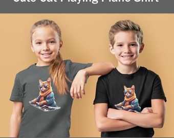 Kids Cool Cat Playing Piano Shirt, Animal Lover Kids' Tee, Son Music Gift, Musician Player, Music Lover,Cute Fun Funny Top, Boy Girl Present