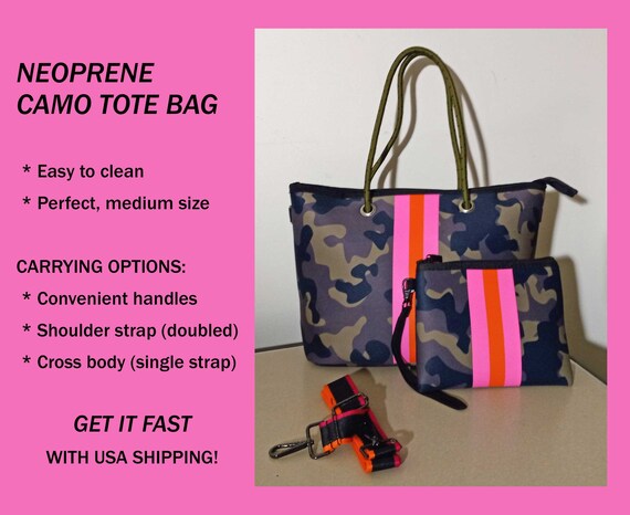 Neoprene tote bag, cute, popular green camo purse, sturdy handles, shoulder or crossbody strap, zipper enclosure. Get it fast, USA shipping