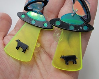 UFO Alien Cow Earrings, Fun Light Weight, Abduction Flying Saucer, Stud Earrings, Acrylic, Funny Jewelry. Great Gift, Cute for Parties