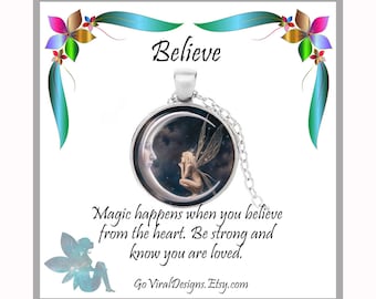 Believe in Fairies, Tinkerbell, Moon Fairy Necklace, Peter Pan, Silver Chain, Pendant, Magical Christmas Present, Birthday Girl Love