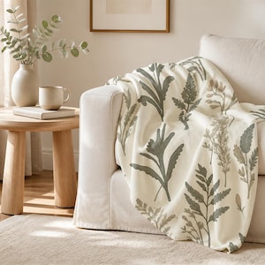 Minimalist Sage & Field Fern Plush Blanket | Modern Cottagecore Aesthetic Throw, Cream Botanical Wildflower Fleece Blanket, Earthy Room Gift