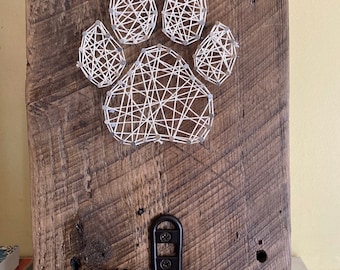 Paw print string art leash hook, barn wood