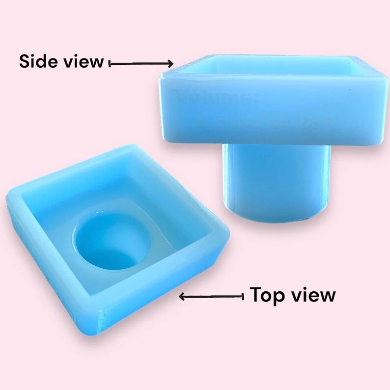 May include: Two views of a light blue plastic mould for making candles. The top view shows the square shape of the mould. The side view shows the mould with a cylindrical opening in the centre.