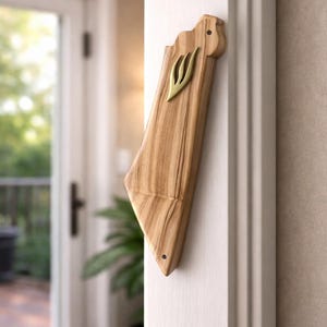 May include: Wooden mezuzah case with a natural wood grain finish. The case features a gold-colored emblem and is mounted on a white door frame. The design is simple and elegant, suitable for home decor.