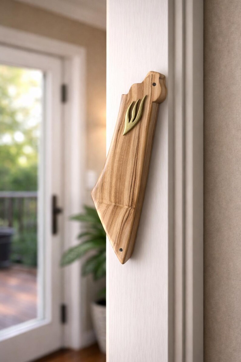 May include: Wooden mezuzah case with a natural wood grain finish. The case features a gold-colored emblem and is mounted on a white door frame. The design is simple and elegant, suitable for home decor.