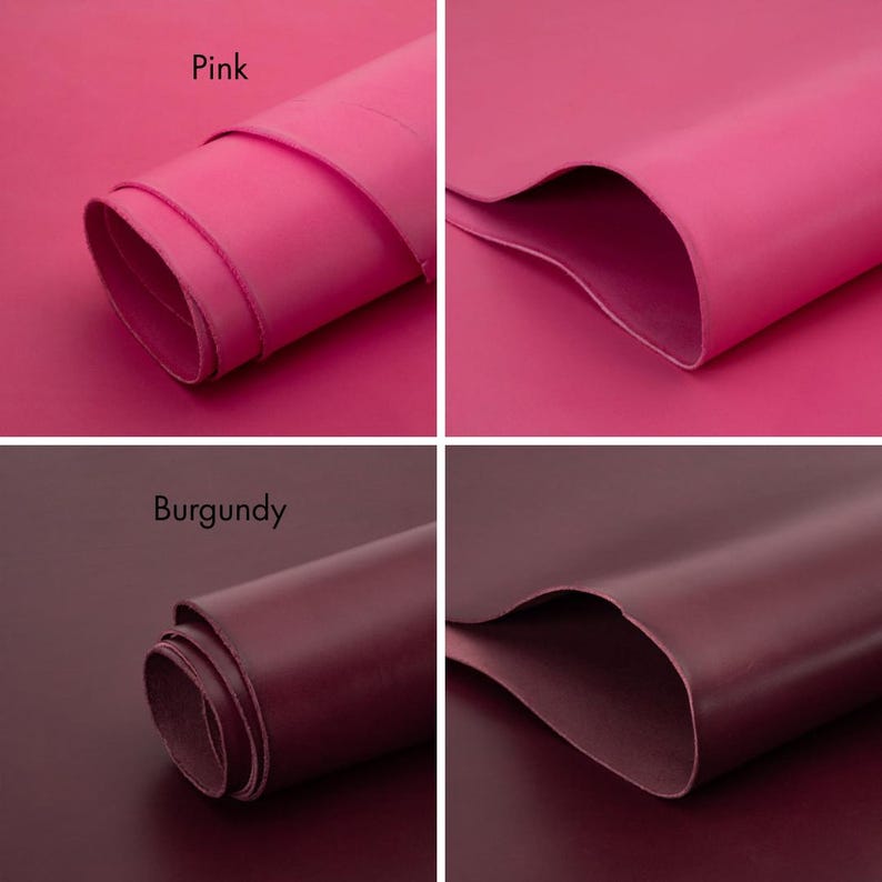 Pu&ograve; includere: Primo piano di due rotoli di pelle rosa e due fogli di pelle bordeaux. La parola "Pink" &egrave; sopra i rotoli di pelle rosa. La parola "Burgundy" &egrave; sopra i fogli di pelle bordeaux. La pelle &egrave; liscia e lucida.