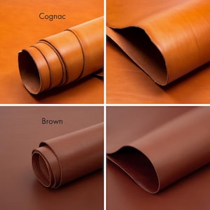 Pu&ograve; includere: L'immagine mostra due tipi di pelle: Cognac e Marrone. La pelle Cognac &egrave; di una calda tonalit&agrave; marrone-rossastra, con un pezzo arrotolato e un altro piatto. La pelle Marrone &egrave; una tonalit&agrave; marrone cioccolato pi&ugrave; scura, anch'essa arrotolata e piatta.