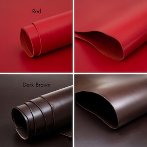 Pu&ograve; includere: Un collage di due campioni di pelle, uno rosso e uno marrone scuro. La pelle rossa &egrave; mostrata arrotolata e piatta. Anche la pelle marrone scuro &egrave; mostrata arrotolata e piatta. Le parole "Red" e "Dark Brown" sono stampate sull'immagine.