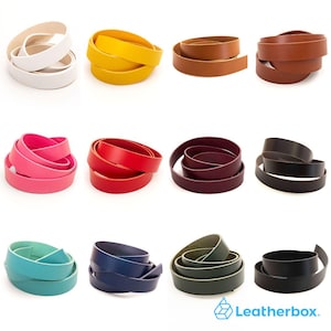 Può includere: Una collezione di strisce di cuoio arrotolate in vari colori: bianco, giallo, marrone, rosa, rosso, bordeaux, nero, turchese, blu navy e verde scuro. Ogni striscia arrotolata mostra le diverse tonalità e texture della pelle.