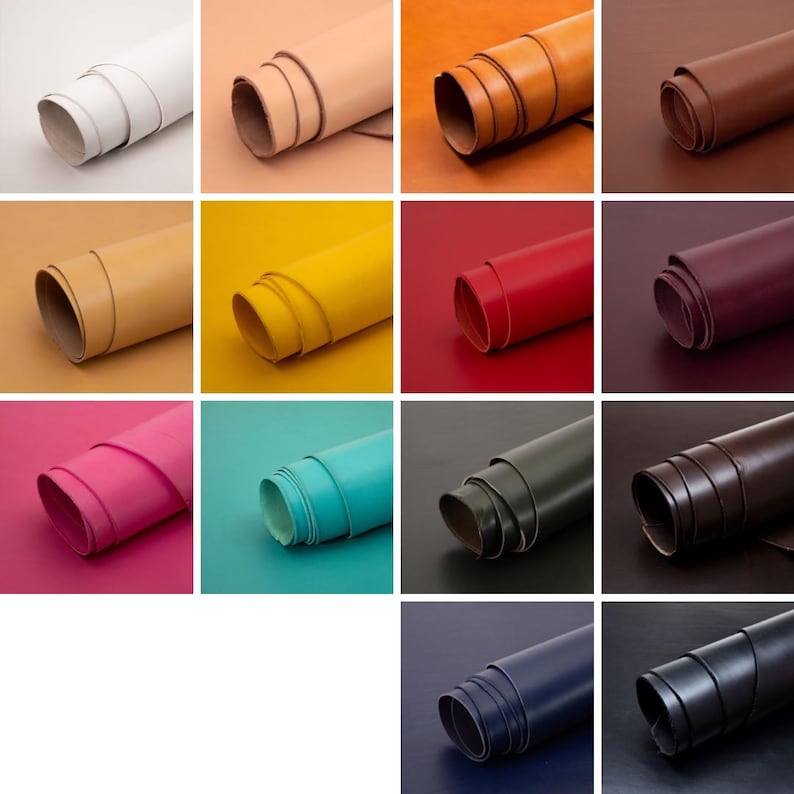 Pu&ograve; includere: Una griglia di pelli di cuoio arrotolate in vari colori, tra cui bianco, beige, arancione, marrone, giallo, rosso, rosa, turchese, verde, marrone scuro, blu navy e nero. La pelle appare liscia e pronta per progetti di artigianato.