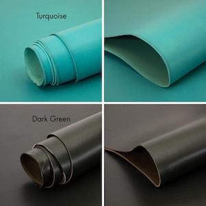 Pu&ograve; includere: Un collage di quattro immagini che mostrano campioni di pelle. Due campioni sono turchese, uno arrotolato e uno piatto. Gli altri due campioni sono verde scuro, anch'essi uno arrotolato e uno piatto. Il testo "Turquoise" e "Dark Green" sono visualizzati.