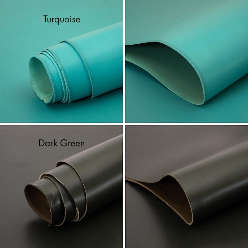 Pu&ograve; includere: Un collage di quattro immagini che mostrano campioni di pelle. Due campioni sono turchese, uno arrotolato e uno piatto. Gli altri due campioni sono verde scuro, anch'essi uno arrotolato e uno piatto. Il testo "Turquoise" e "Dark Green" sono visualizzati.