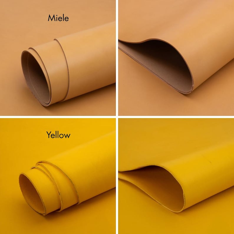 Pu&ograve; includere: Quattro immagini che mostrano fogli di pelle arrotolati e piatti in tonalit&agrave; di giallo e beige. L'immagine in alto a sinistra &egrave; etichettata "Miele", e quella in basso a sinistra "Yellow". La pelle appare liscia e ha una finitura opaca.