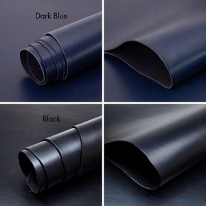 Pu&ograve; includere: Un collage di pelle blu scuro e nera. In alto a sinistra &egrave; presente un pezzo di pelle blu scuro arrotolato con la scritta "Dark Blue". In alto a destra &egrave; presente un pezzo di pelle blu scuro piatto. In basso a sinistra &egrave; presente un pezzo di pelle nera arrotolata con la scritta "Black". In basso a destra &egrave; presente un pezzo di pelle nera piatta.