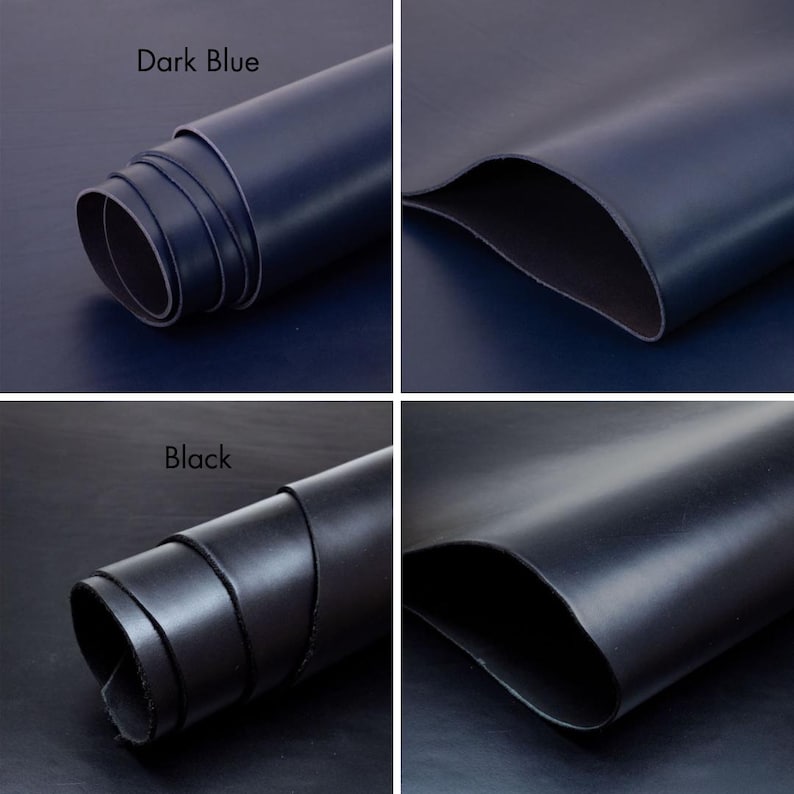 Pu&ograve; includere: Un collage di pelle blu scuro e nera. In alto a sinistra &egrave; presente un pezzo di pelle blu scuro arrotolato con la scritta "Dark Blue". In alto a destra &egrave; presente un pezzo di pelle blu scuro piatto. In basso a sinistra &egrave; presente un pezzo di pelle nera arrotolata con la scritta "Black". In basso a destra &egrave; presente un pezzo di pelle nera piatta.