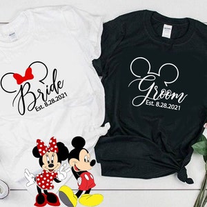 Camisa personalizada de aniversario de novia de Disney_Regalo de parejas de luna de miel de Disney_Recién casados Mickey Minnie negro blanco camisetas_Datos de boda