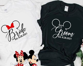Disney Bride Groom anniversary personalized shirt_Disney honeymoon couples gift_Just Married Mickey Minnie black white t-shirts_Wedding data