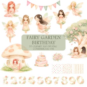 May include: Watercolor illustrations featuring fairies, a mushroom house, a birthday cake, floral arrangements, and decorative numbers. The text reads "Fairy Garden Birthday". The color palette includes soft pinks, greens, and peaches.