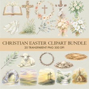 Op de afbeelding: Watercolor Christian Easter clipart bundel met kruisen, bloemenkransen, een lam en een kerk. Inclusief een open boek, boeketten en een doornenkroon. De tekst luidt "Christian Easter Clipart Bundle" en "20 Transparent PNG 300 DPI".