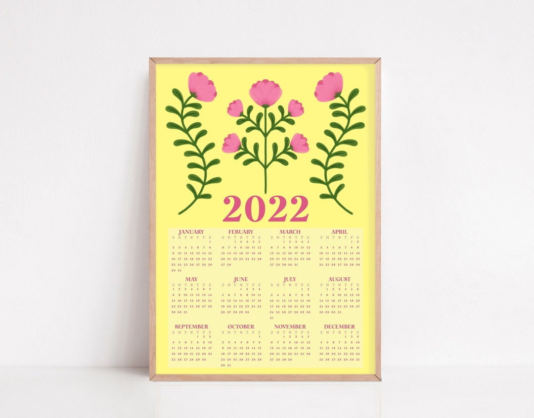 2022 Printable Wall Calendar Floral Wall Calendar Yearly Etsy