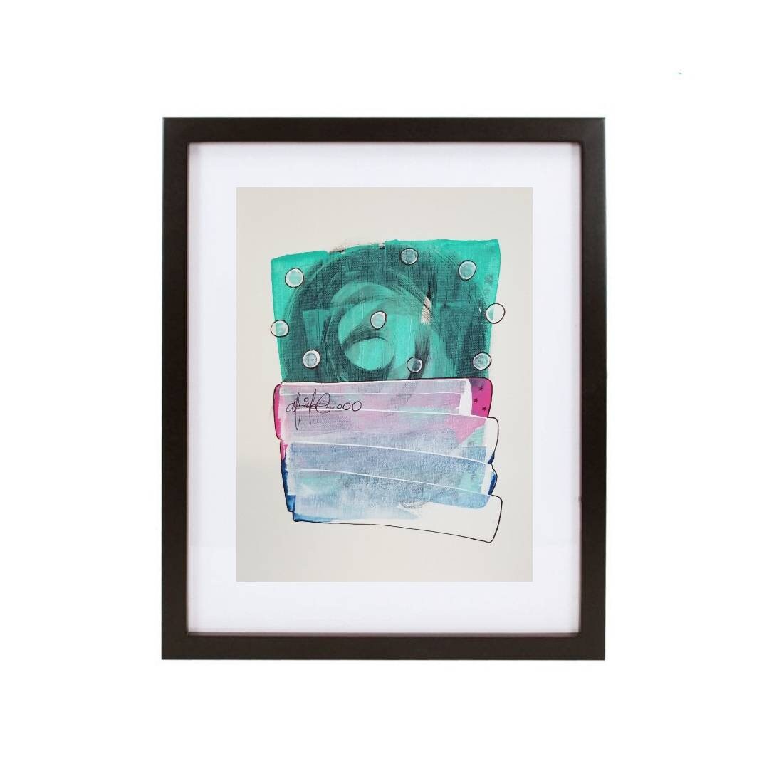 小さな抽象画、青、ピンク、白のアートワーク（9 x 12インチ） - Etsy 日本